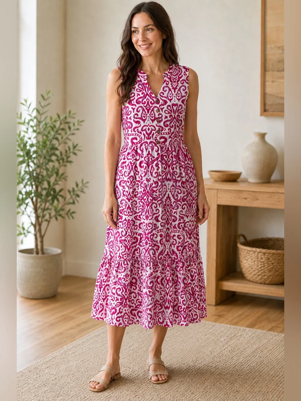 Pink White Ikat Print Sleeveless Button Front Tiered Midi Dress